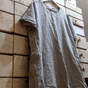 Striped Ticking Shift Style Linen Dress in blue grey from Not Perfect Linen